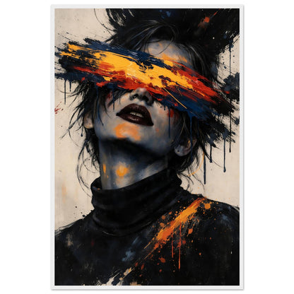 Blinded Emotion abstract framed wall art in a natural light wood frame, showing the black turtleneck and the orange streak across the shoulder.