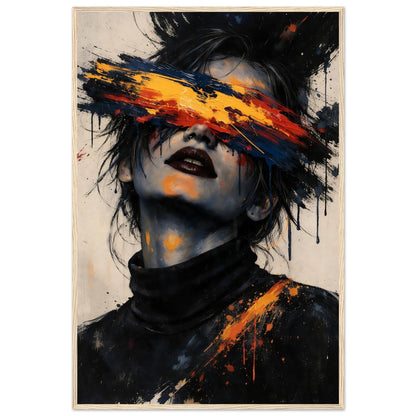 Blinded Emotion abstract portrait in a walnut frame, with dark parted lips, grey-blue skin tones and splashes of orange paint.