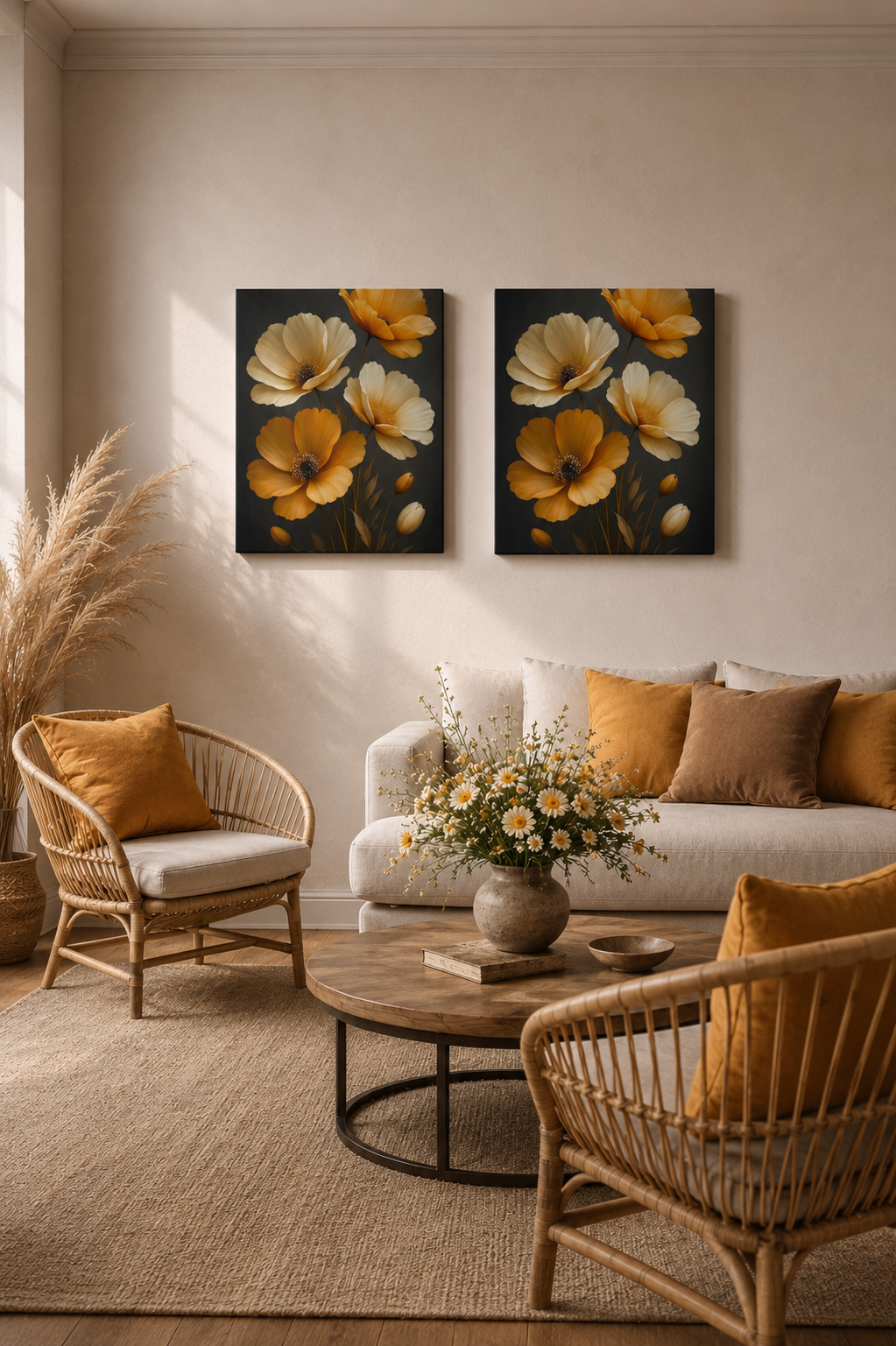 Set of floral canvas wall art prints in bright boho living room with rattan chairs, neutral sofa and natural textures