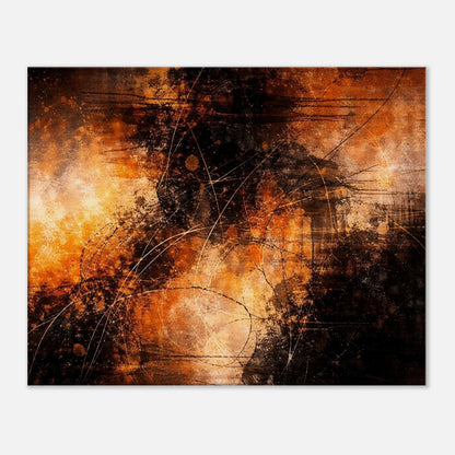 Burning Energy bold abstract canvas wall art with glowing amber and gold bursts over deep black textures