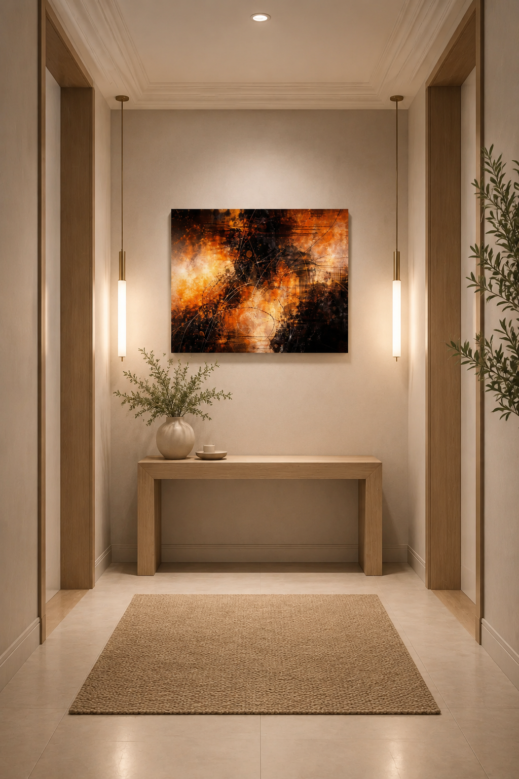 Minimalist hallway with abstract black orange canvas wall art and warm ambient lighting