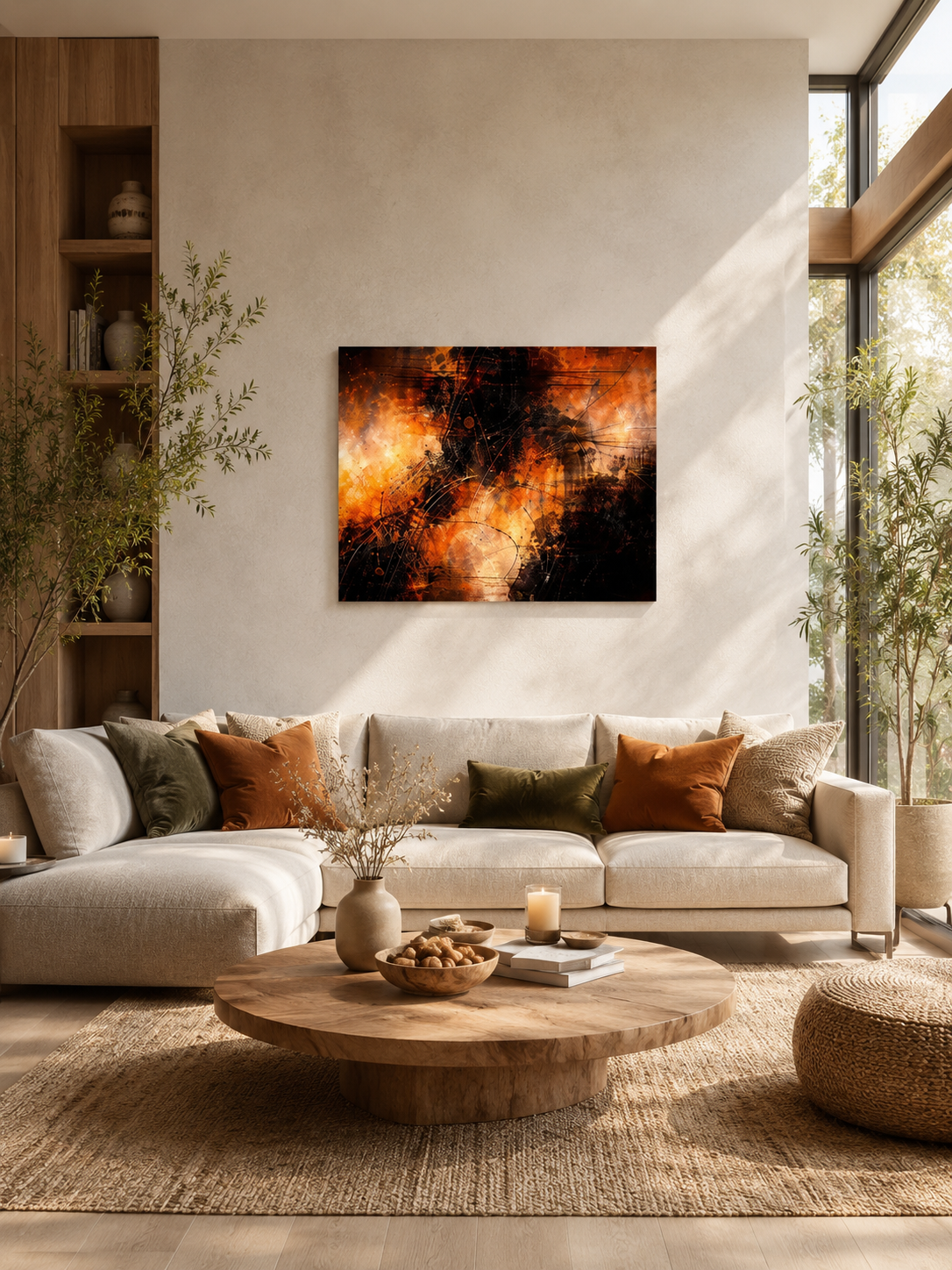 Cozy neutral living room with abstract burnt orange canvas wall art and warm modern interior