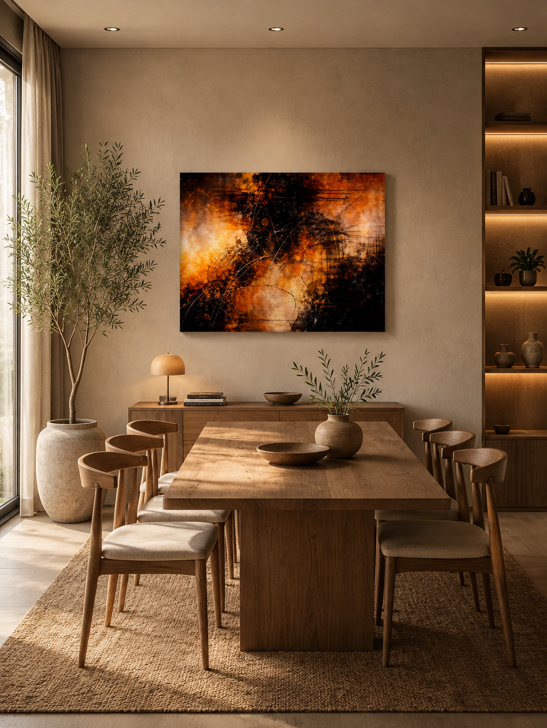 Modern dining room with abstract black orange wall art canvas and warm wood decor