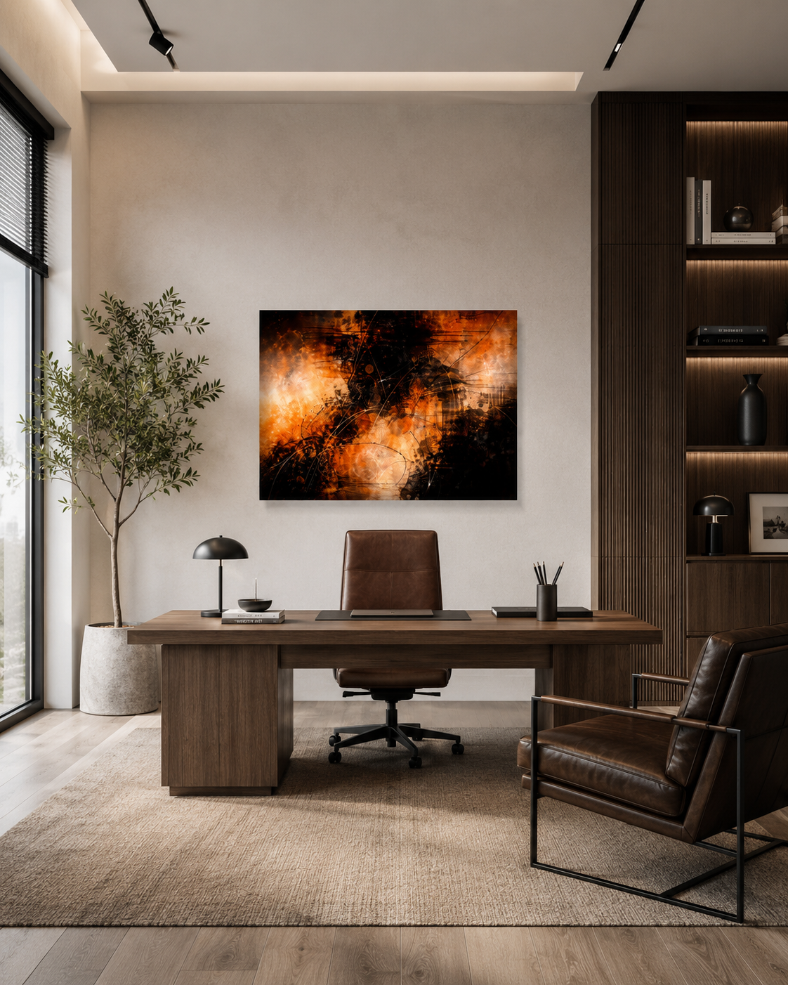 Contemporary home office with abstract black orange canvas wall art and wooden workspace decor