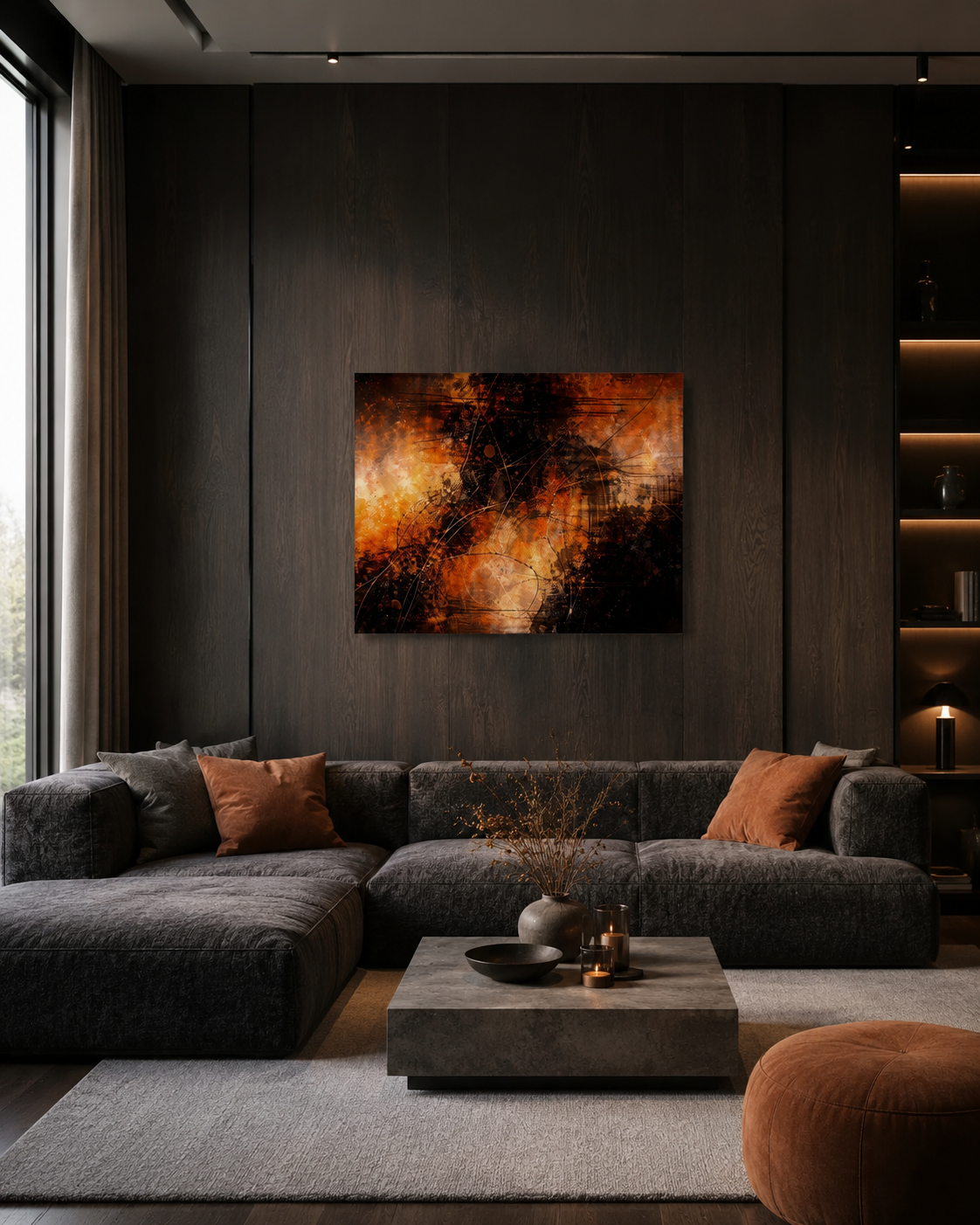 Modern dark living room with abstract wall art canvas in warm black and brown interior