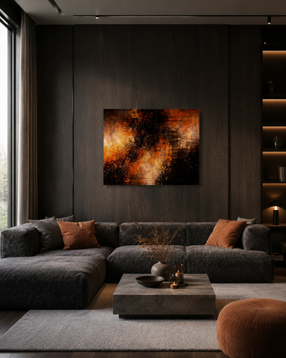 Modern dark living room with abstract wall art canvas in warm black and brown interior
