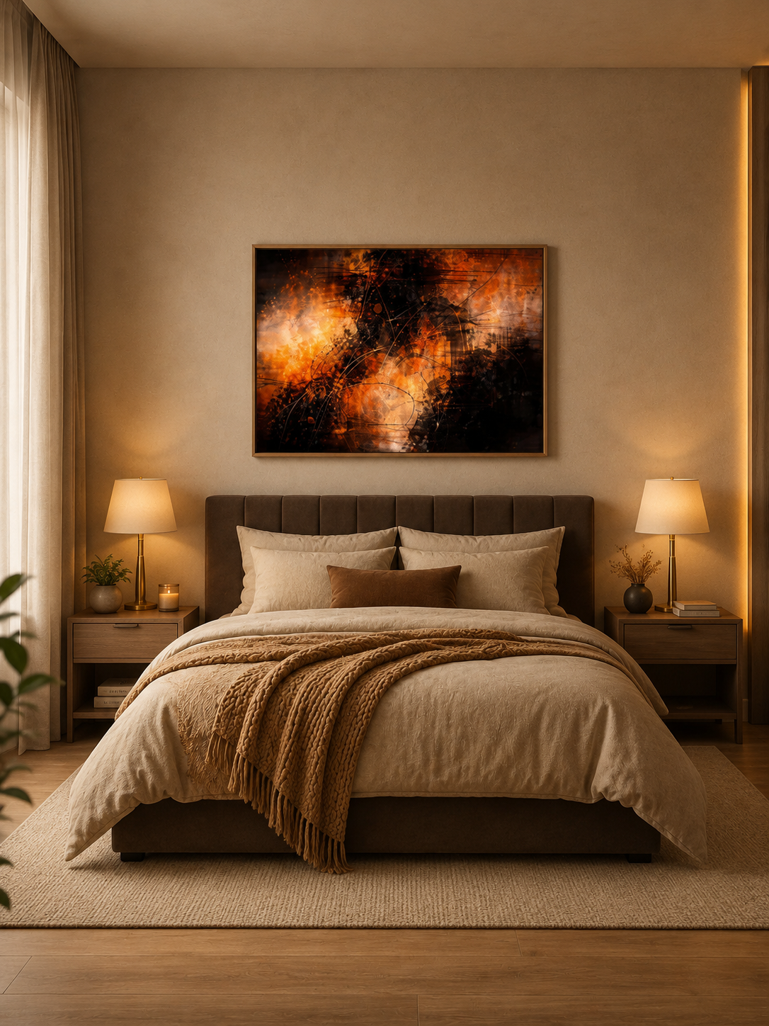 Warm neutral bedroom interior with abstract brown black wall art above bed