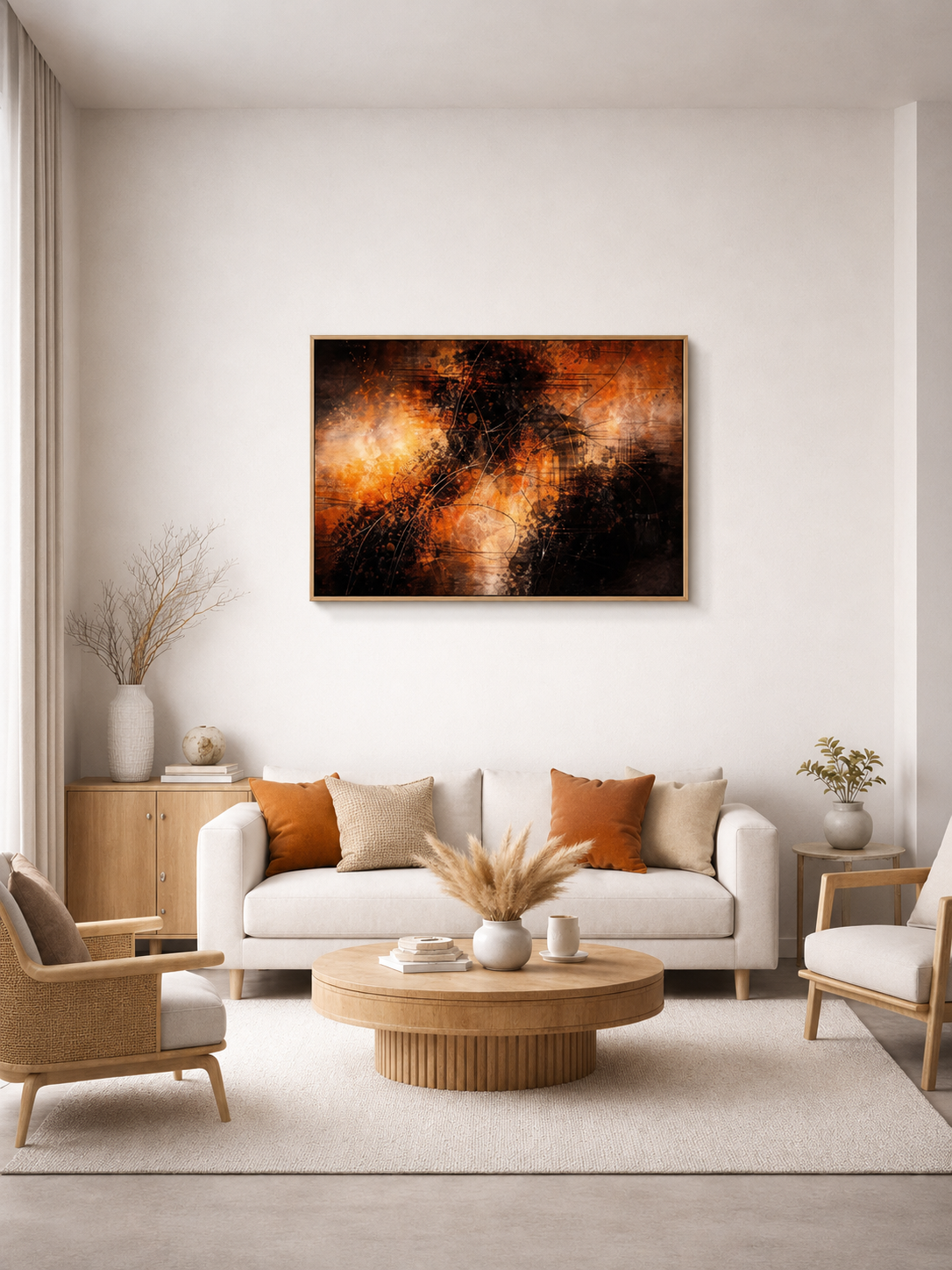 Minimalist beige living room with abstract dark orange wall art and cozy decor