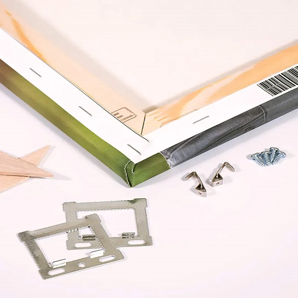 Canvas print corner details with hanging hardware and frame thickness