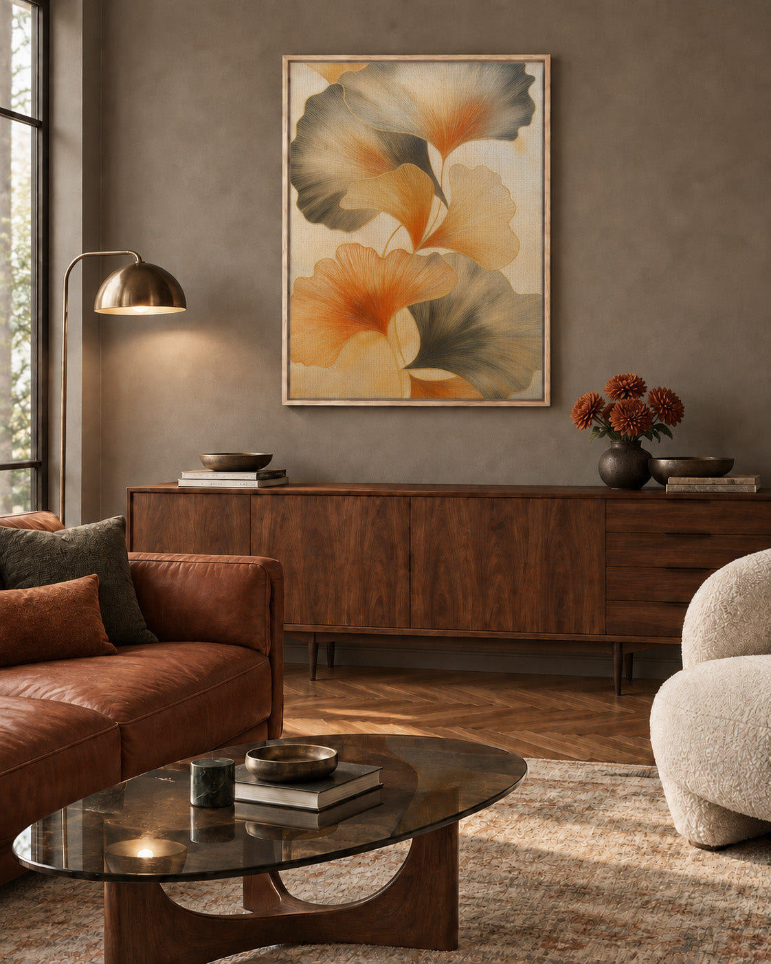 Golden Harmony – Modernes abstraktes botanisches Leinwandbild mit Rahmen
