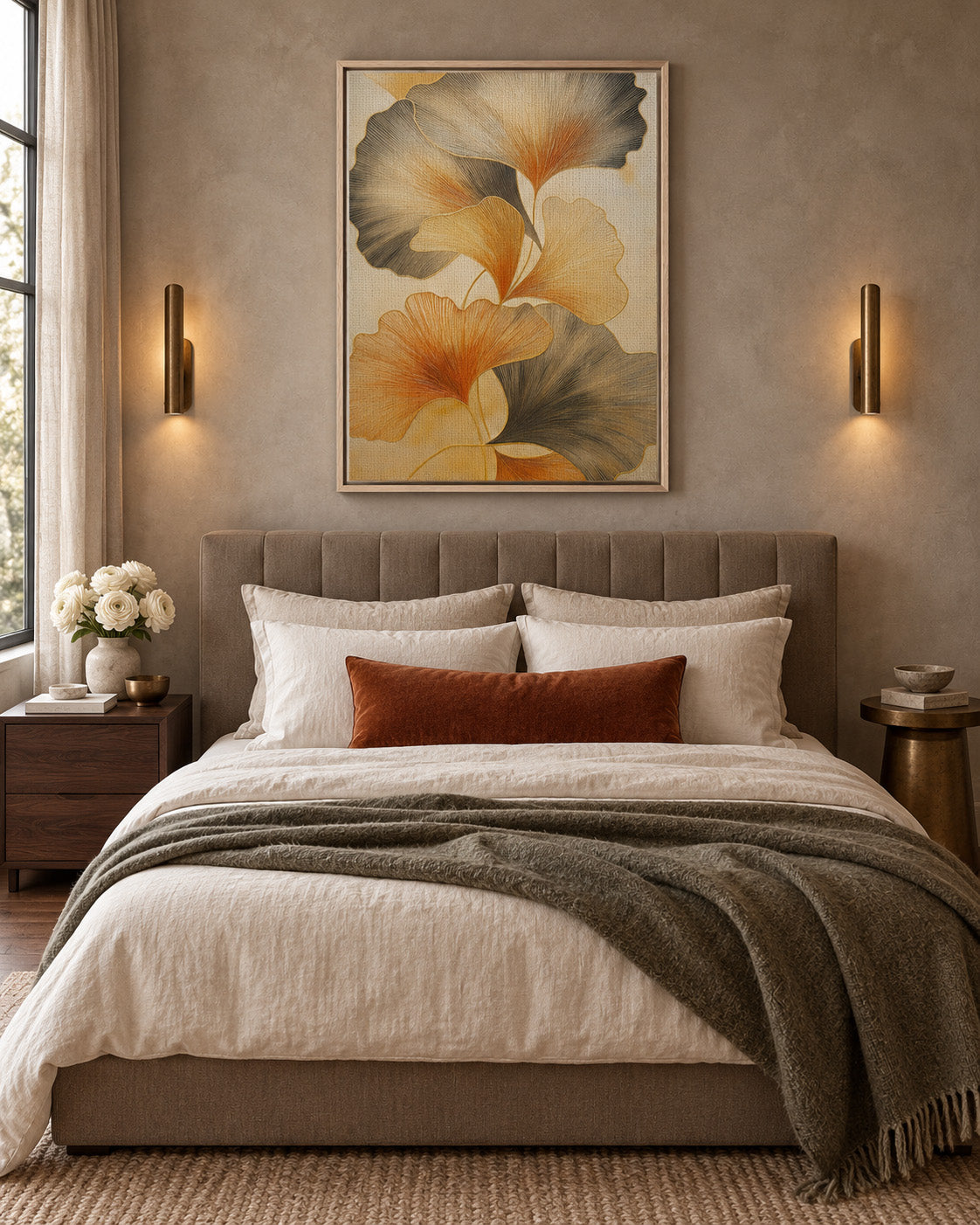 Golden Harmony – Modernes abstraktes botanisches Leinwandbild mit Rahmen