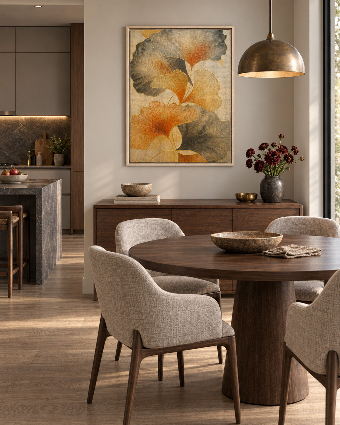 Golden Harmony – Modernes abstraktes botanisches Leinwandbild mit Rahmen
