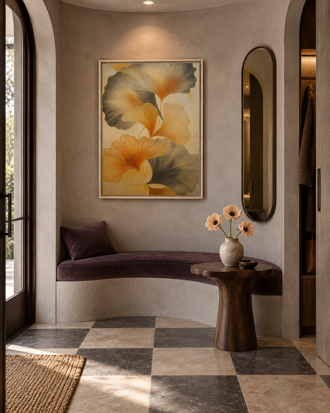 Golden Harmony – Modernes abstraktes botanisches Leinwandbild mit Rahmen