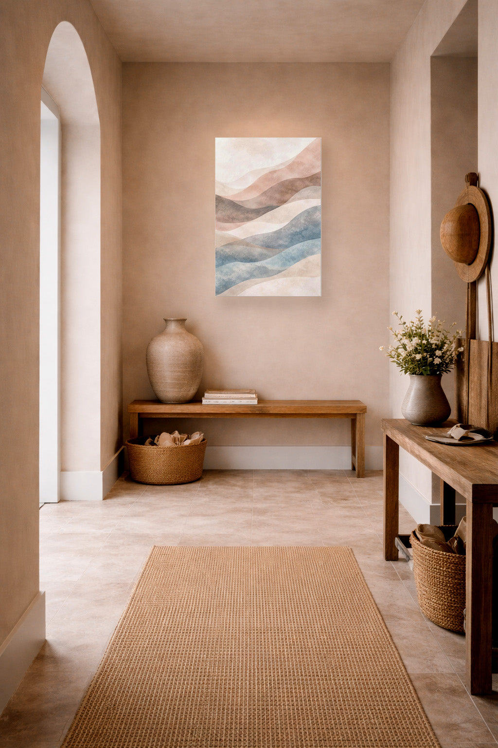 Realistic coastal boho living room with beige sofa, woven decor, wooden coffee table and pastel abstract canvas wall art in soft blue and blush tones.