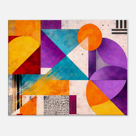 Colorful geometric abstract canvas wall art with bold orange, purple and blue shapes