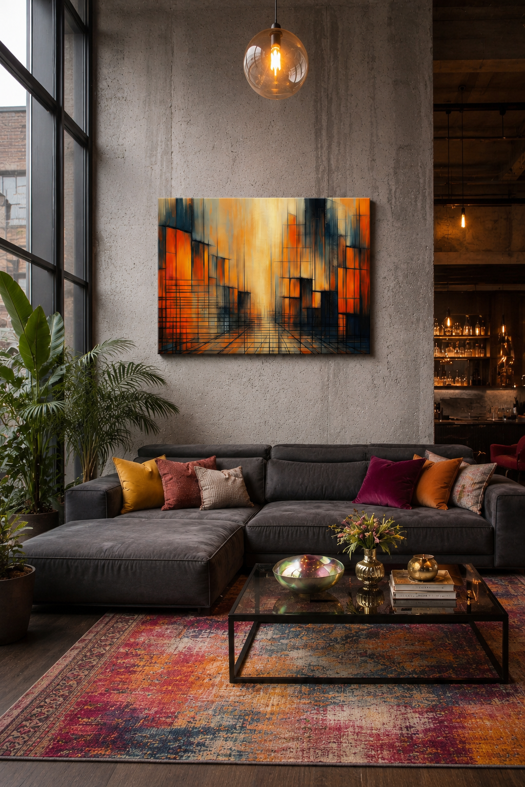 Colorful abstract city canvas displayed above a sectional sofa in a loft style living room with exposed concrete walls and a vibrant area rug.
