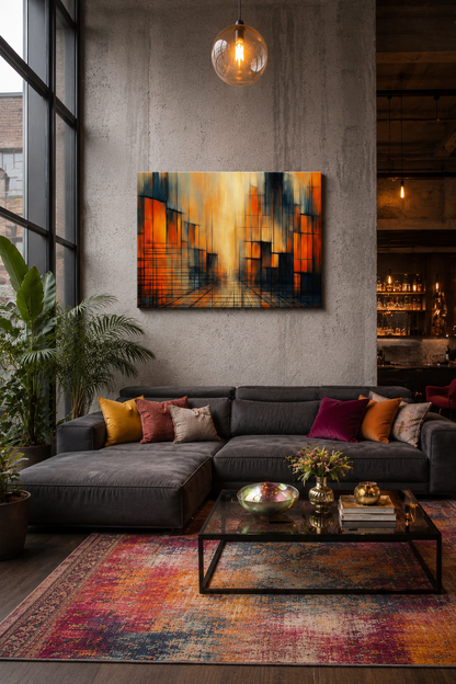 Colorful abstract city canvas displayed above a sectional sofa in a loft style living room with exposed concrete walls and a vibrant area rug.