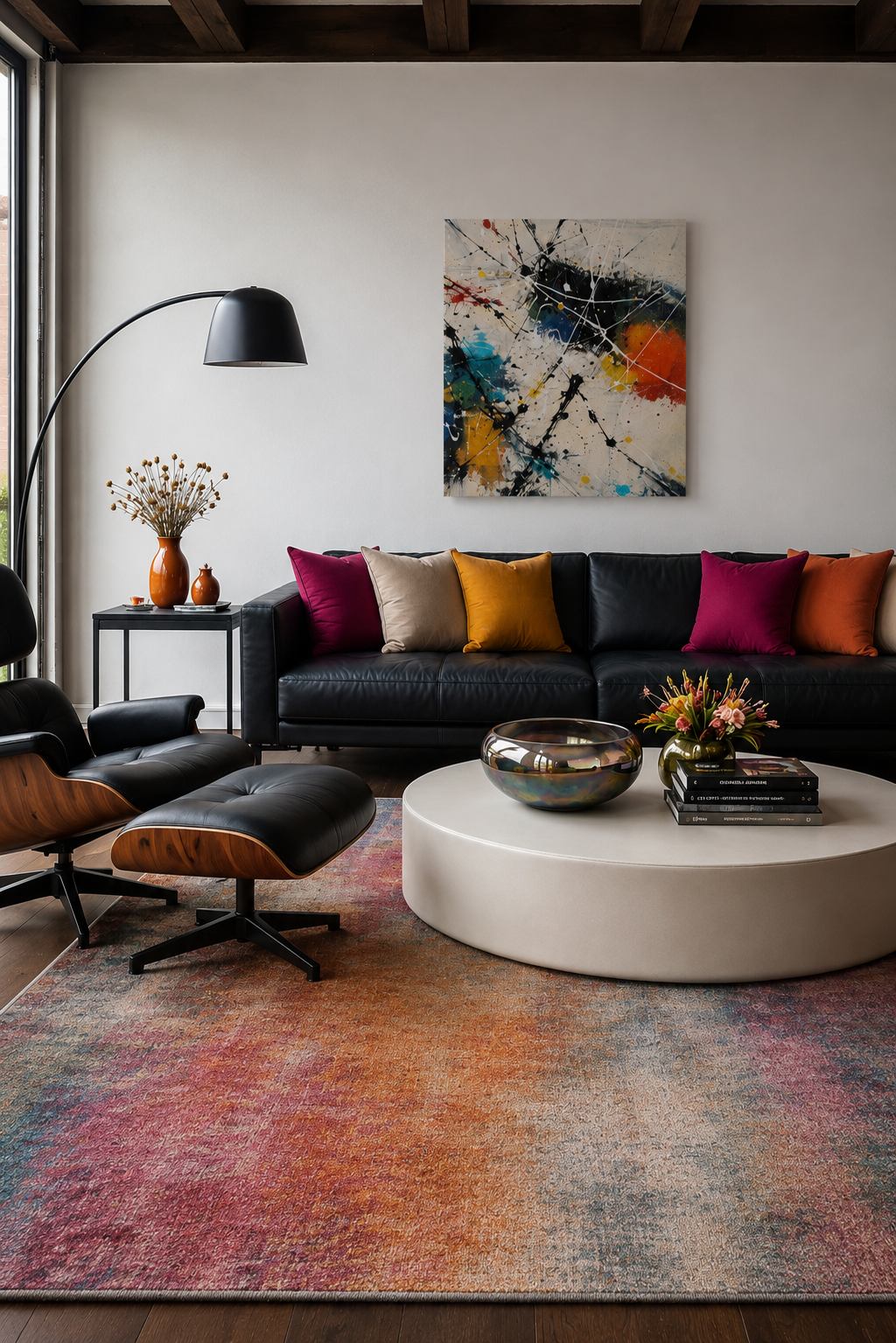 Colorful abstract canvas artwork in contemporary living room with black sofa, vibrant pillows and modern designer furniture