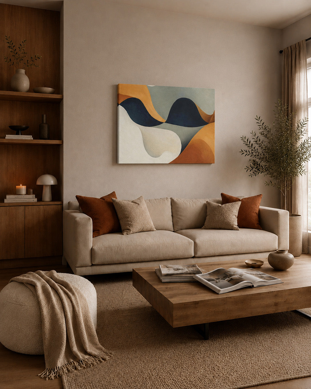 Contemporary abstract canvas print displayed above sofa in modern neutral living room
