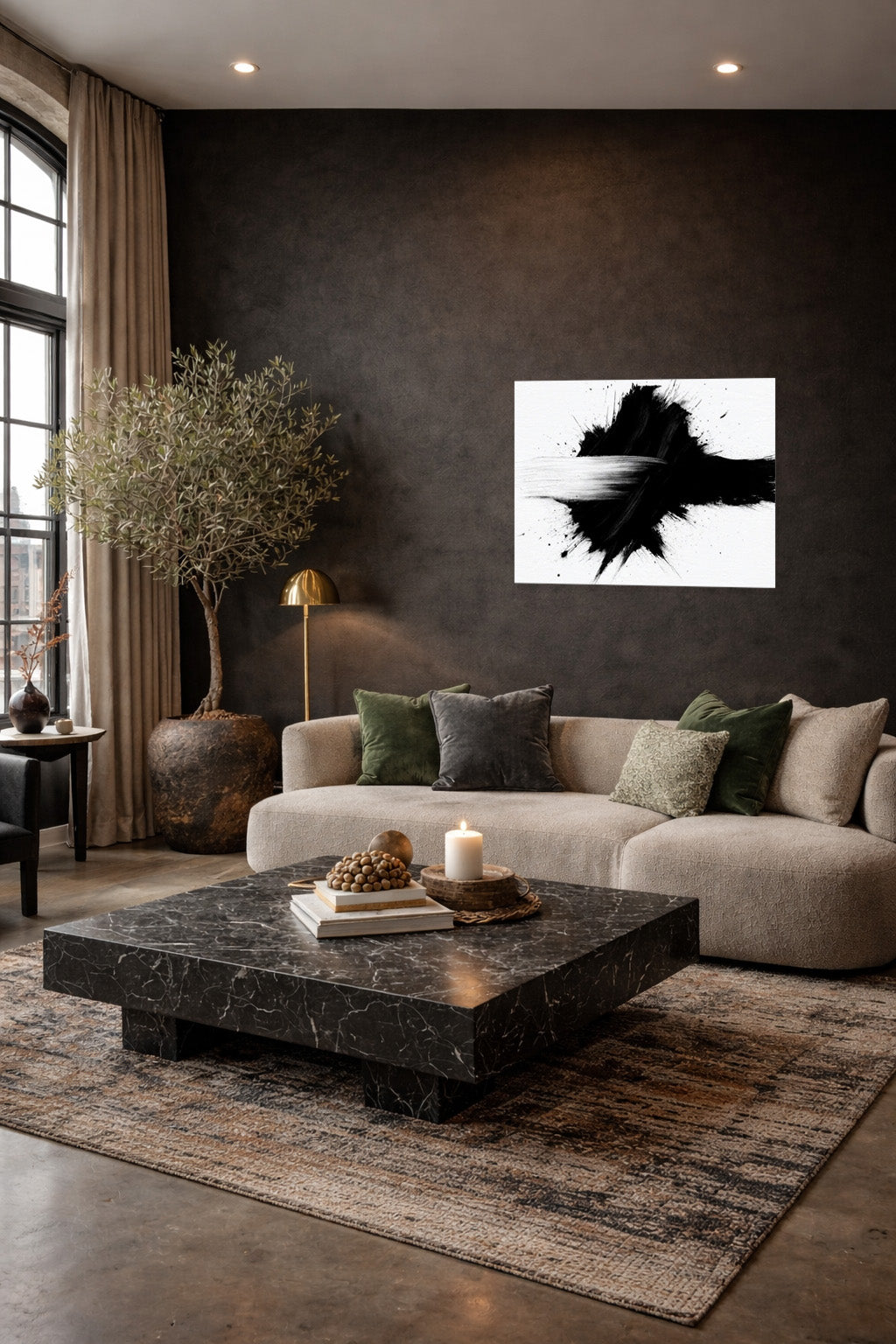Contemporary abstract black and white wall art framed and displayed in stylish modern living room