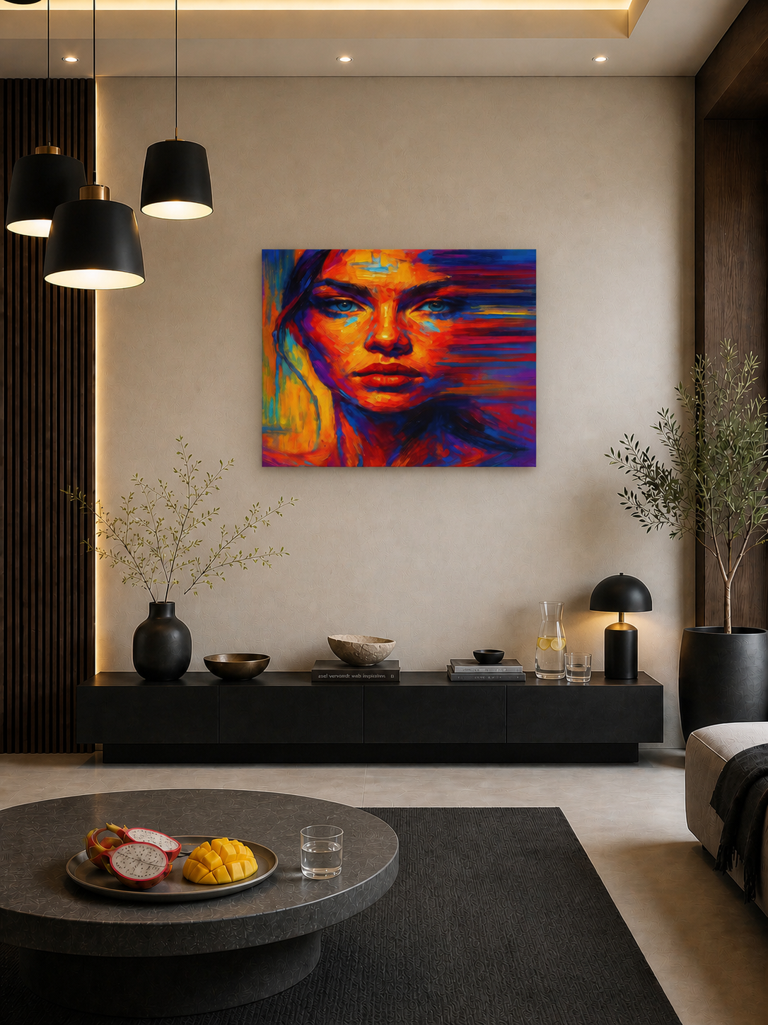 Abstract woman canvas wall art displayed in a contemporary living room with minimalist furniture and warm ambient lighting.