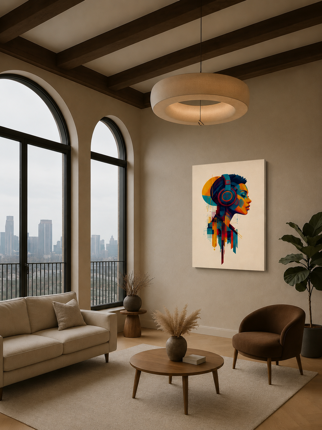 Modern headphones canvas print hanging above a beige sofa in a bright contemporary living room with large arched windows and minimalist decor.