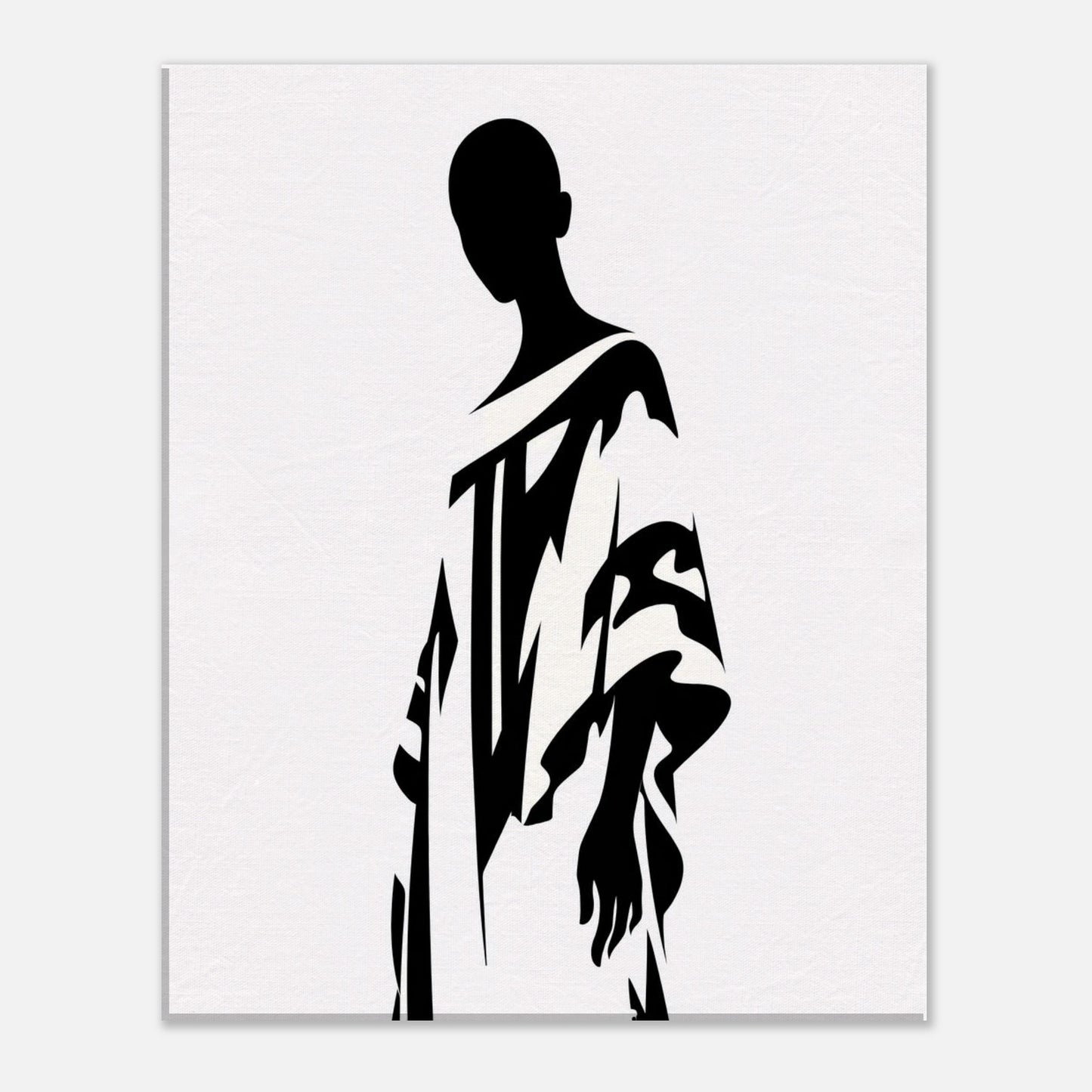 Contemporary minimalist figure illustration wall art with expressive black shapes on white, designed for modern interiors, neutral color palettes, and clean architectural spaces