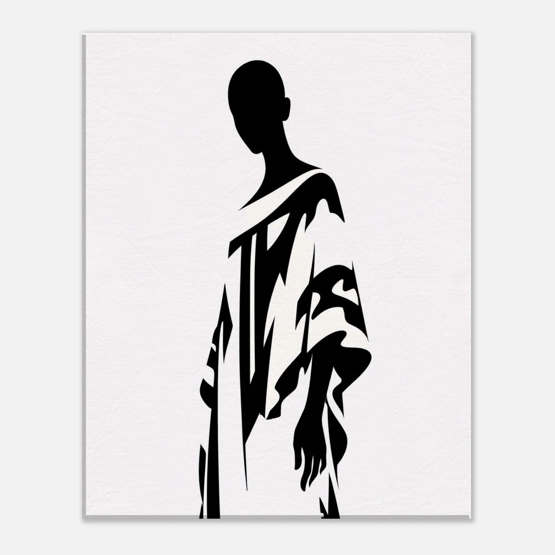 Contemporary minimalist figure illustration wall art with expressive black shapes on white, designed for modern interiors, neutral color palettes, and clean architectural spaces