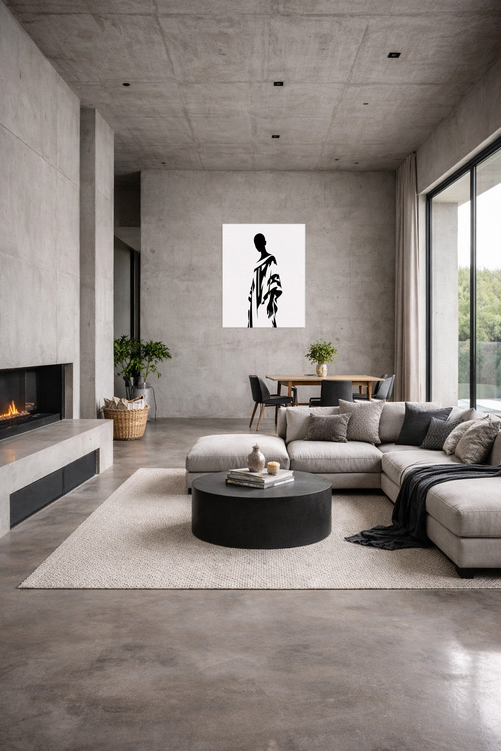 Contemporary living room interior with sculptural furniture, neutral colors, and a clean empty wall, perfect for displaying modern abstract wall art and canvas prints