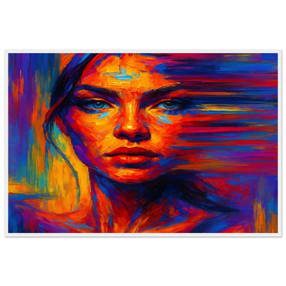 Red Blue Portrait abstract print in a white wooden frame, highlighting the violet and red tones of the composition.