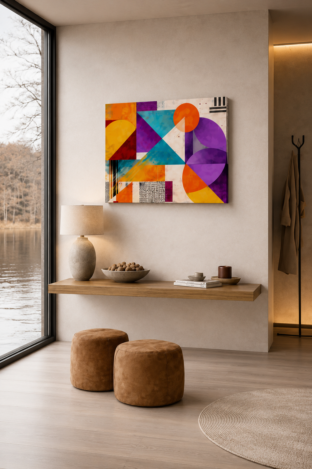 Modern entryway interior with floating wood shelf, warm neutral decor and colorful geometric abstract canvas wall art