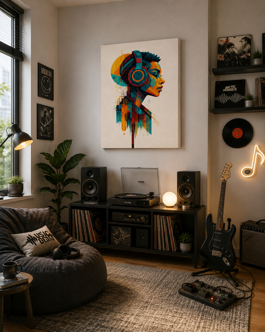 Headphones canvas artwork displayed in a cozy music studio corner with guitar, records, audio equipment and modern interior design.