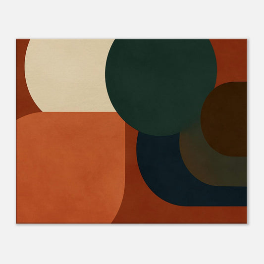 Modern abstract canvas wall art with layered circular shapes in terracotta, deep green and neutral tones