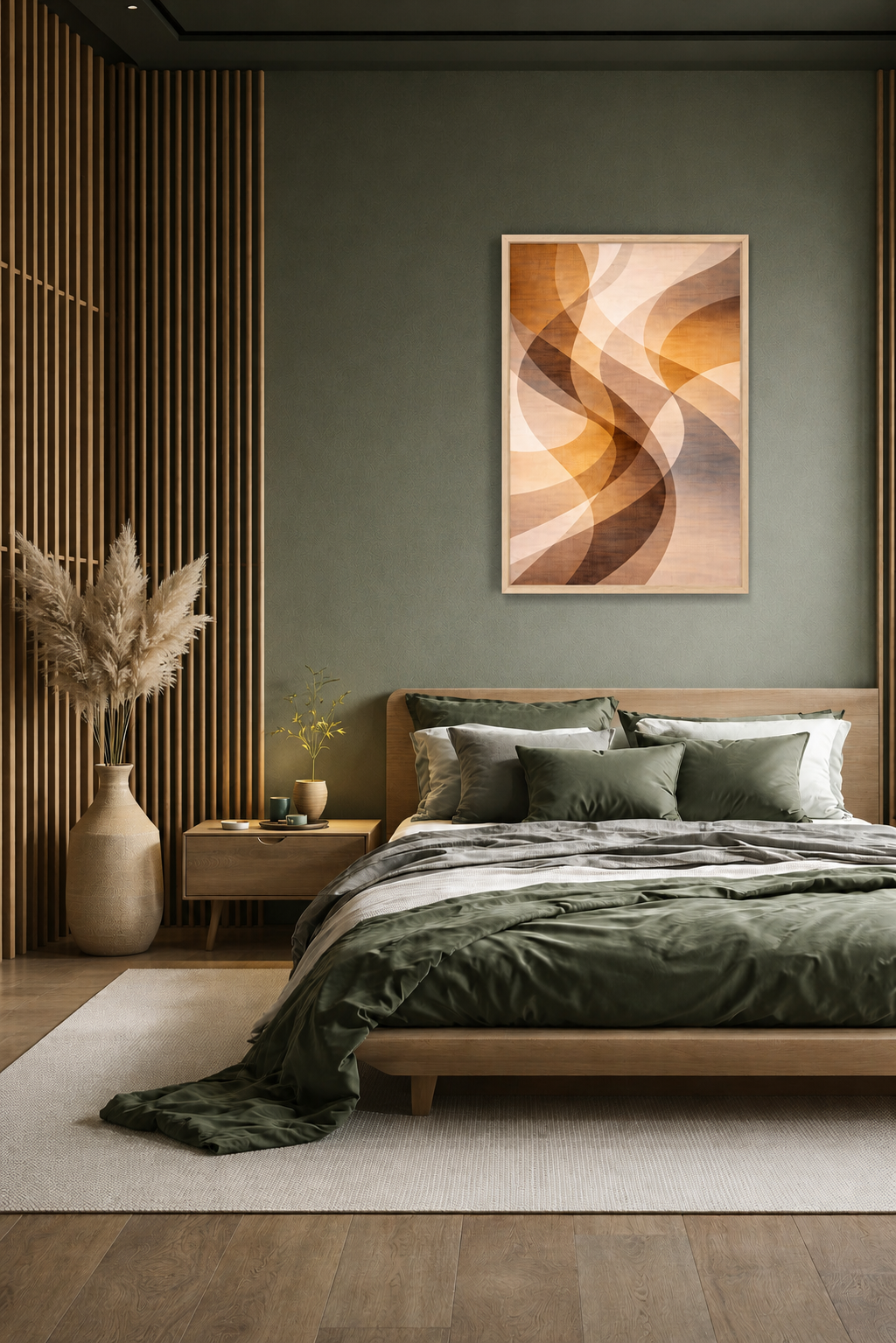 Abstract framed wall art poster in modern bedroom with olive green bedding and wooden accents