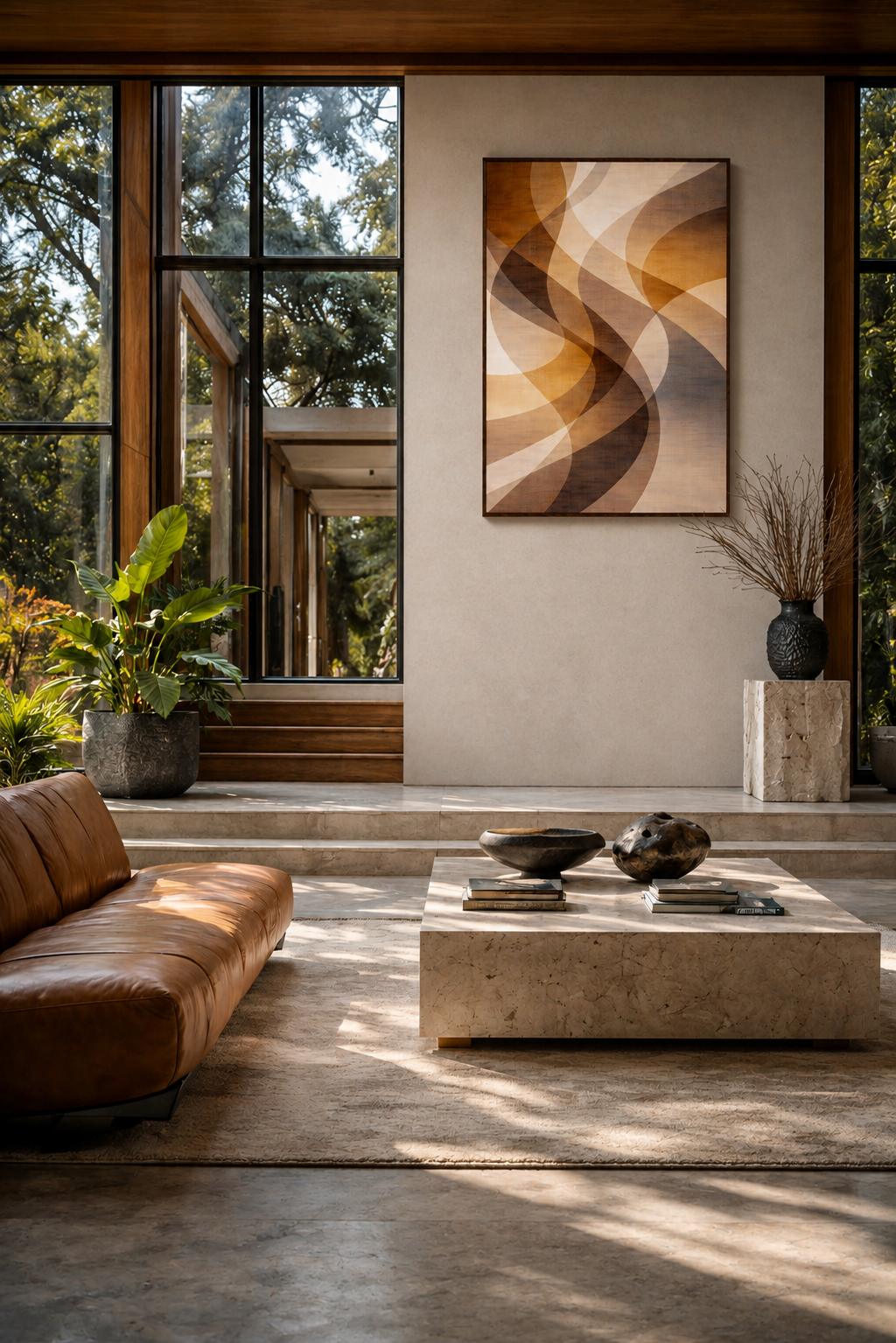 Abstract wall art poster in luxury modern living room with large windows, leather sofa and neutral decor