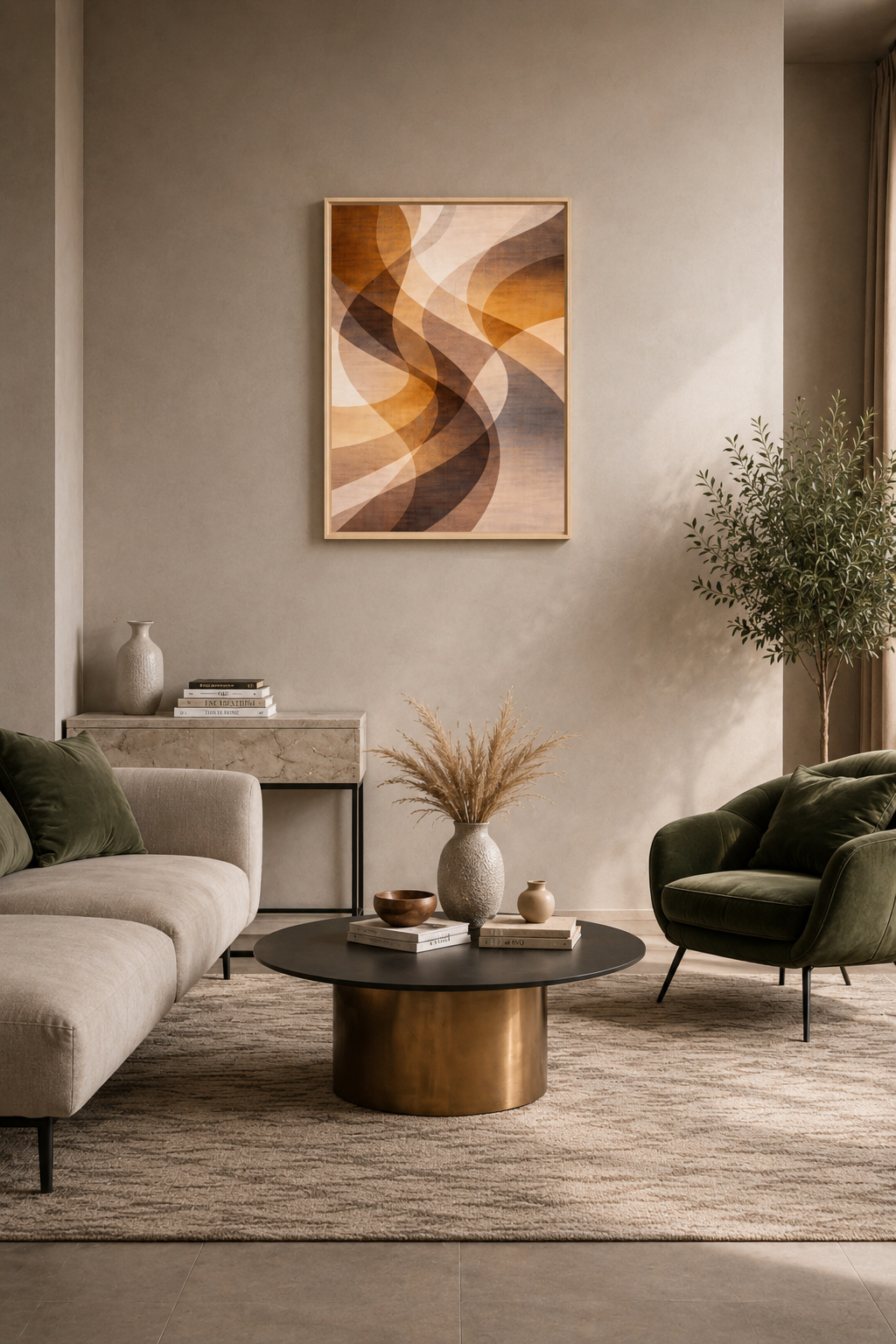 Modern abstract framed wall art in neutral living room with green armchair and contemporary decor