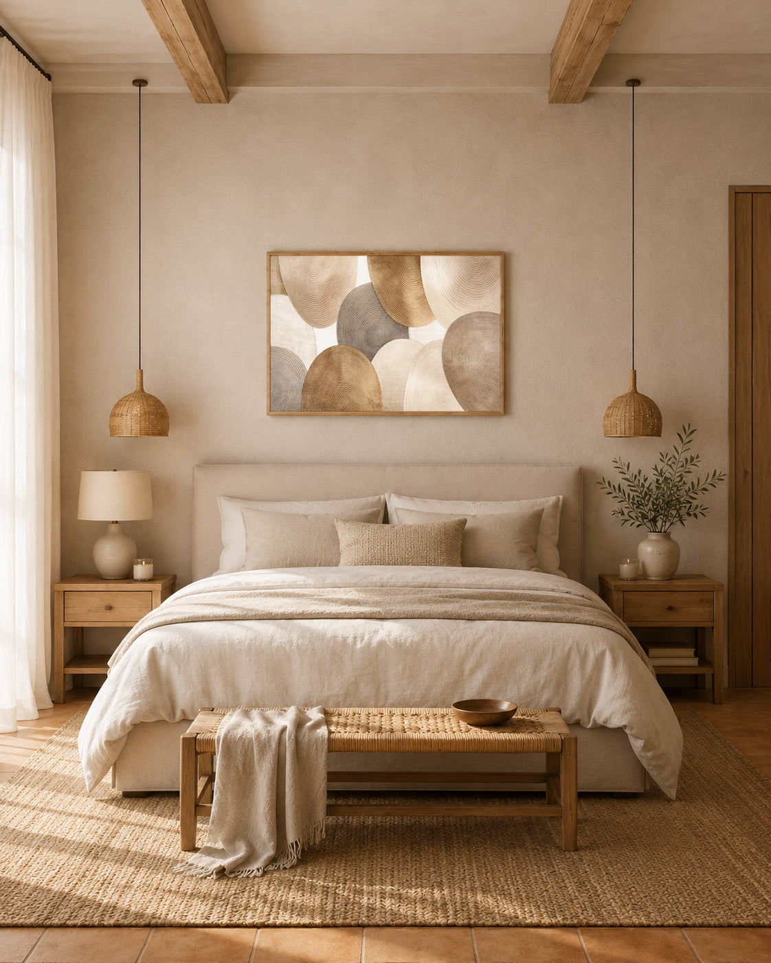 Minimalist bedroom with warm bedding and abstract framed wall art above the bed