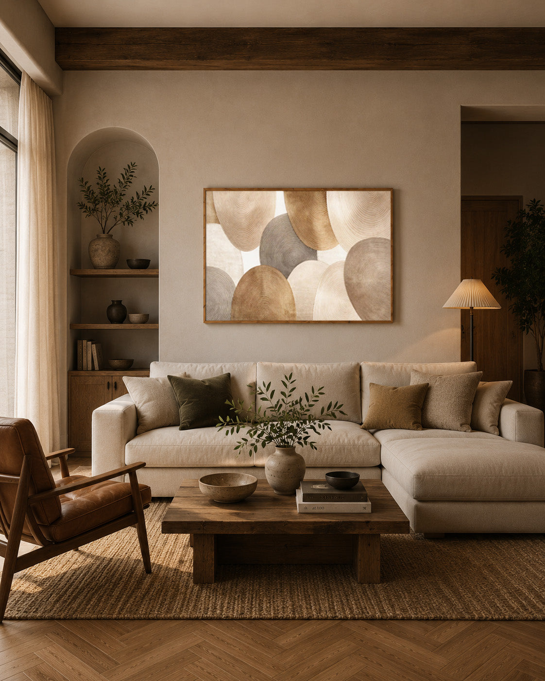 Modern living room with beige sectional sofa, wooden decor and abstract framed wall art