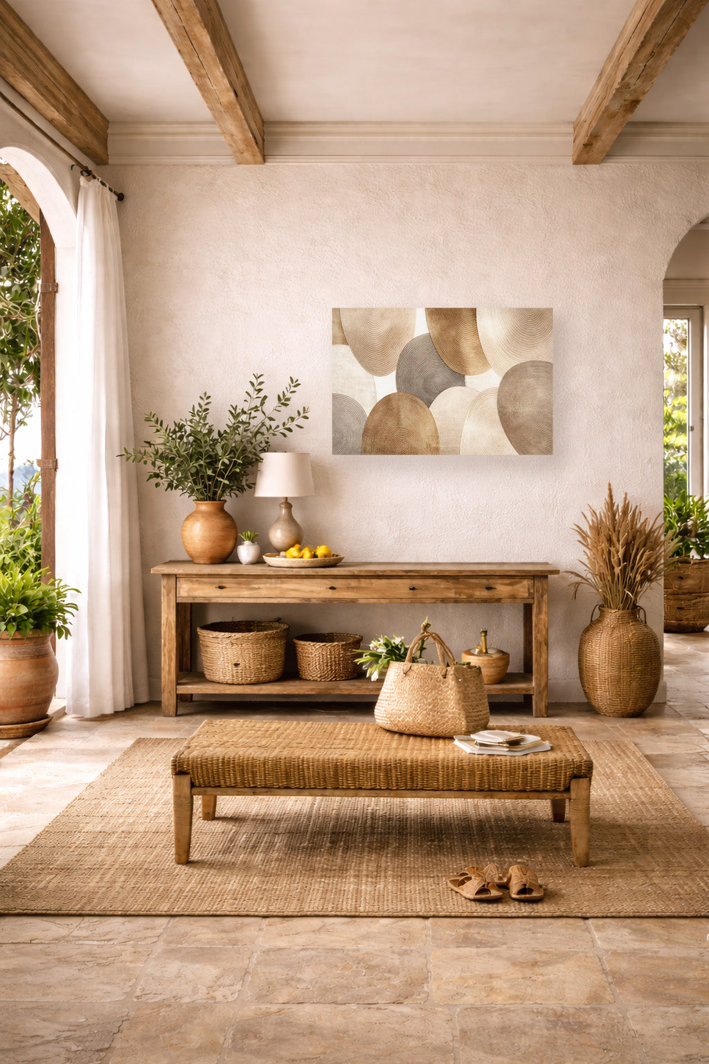 Mediterranean interior with wooden beam ceiling, console table and abstract wall art poster
