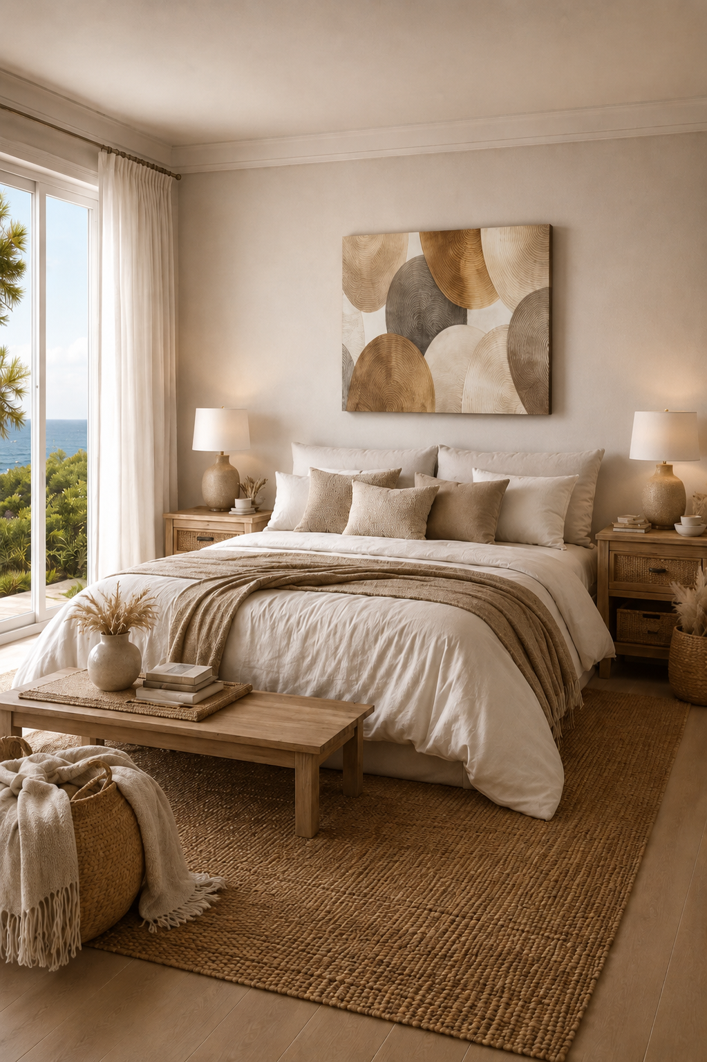 Cozy coastal bedroom with neutral abstract canvas wall art and warm natural textures