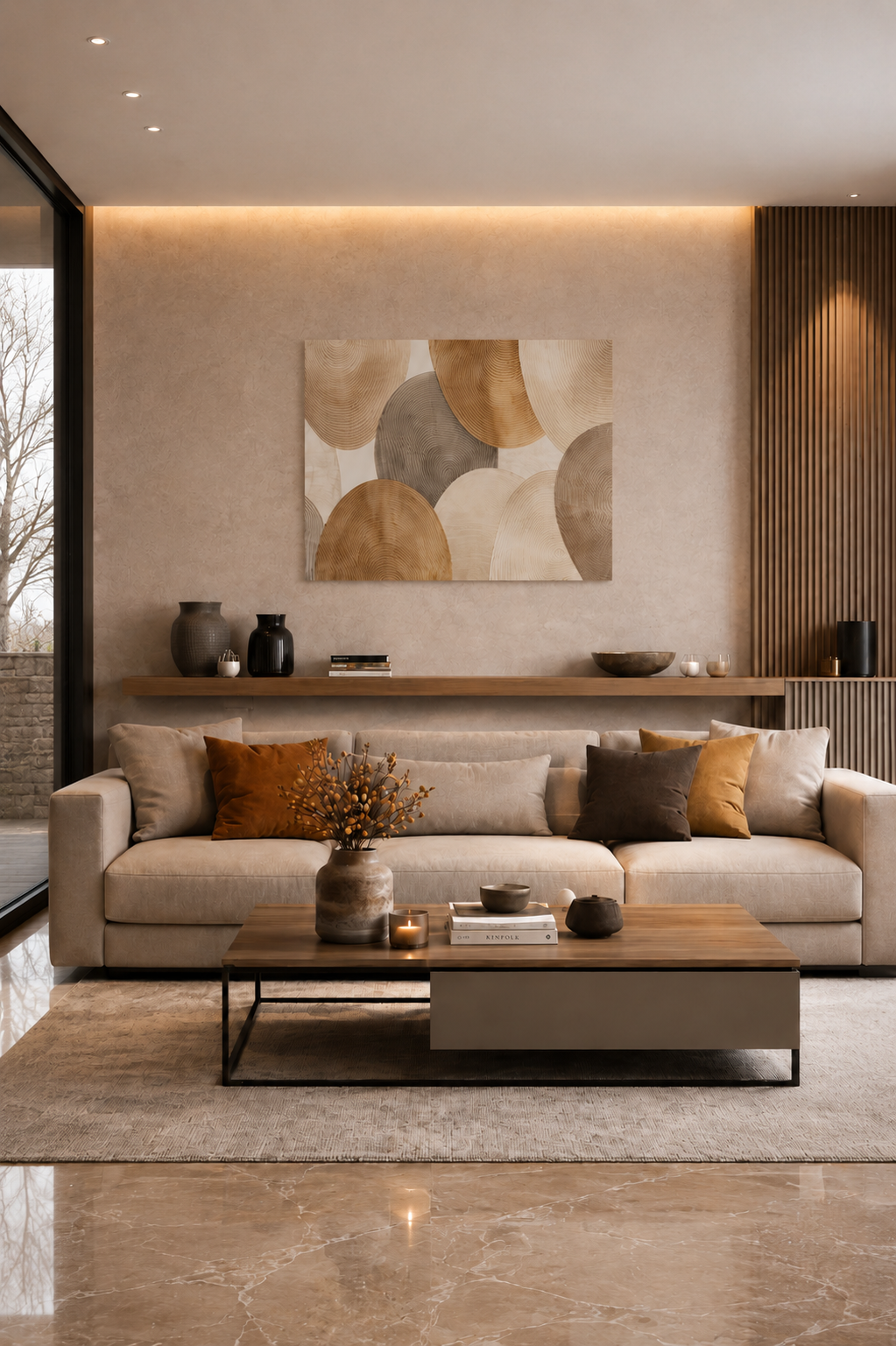 Modern neutral living room with abstract earth tone canvas wall art and warm lighting