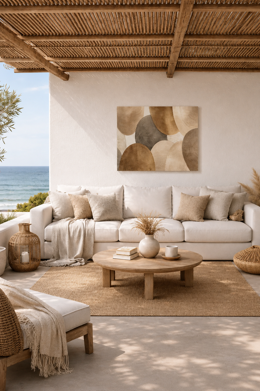 Coastal outdoor living area with neutral abstract canvas wall art and ocean view decor
