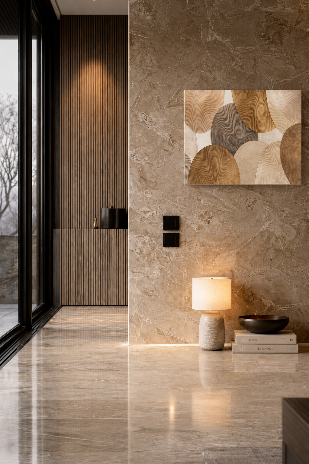 Luxury marble interior with neutral abstract canvas wall art and warm modern decor
