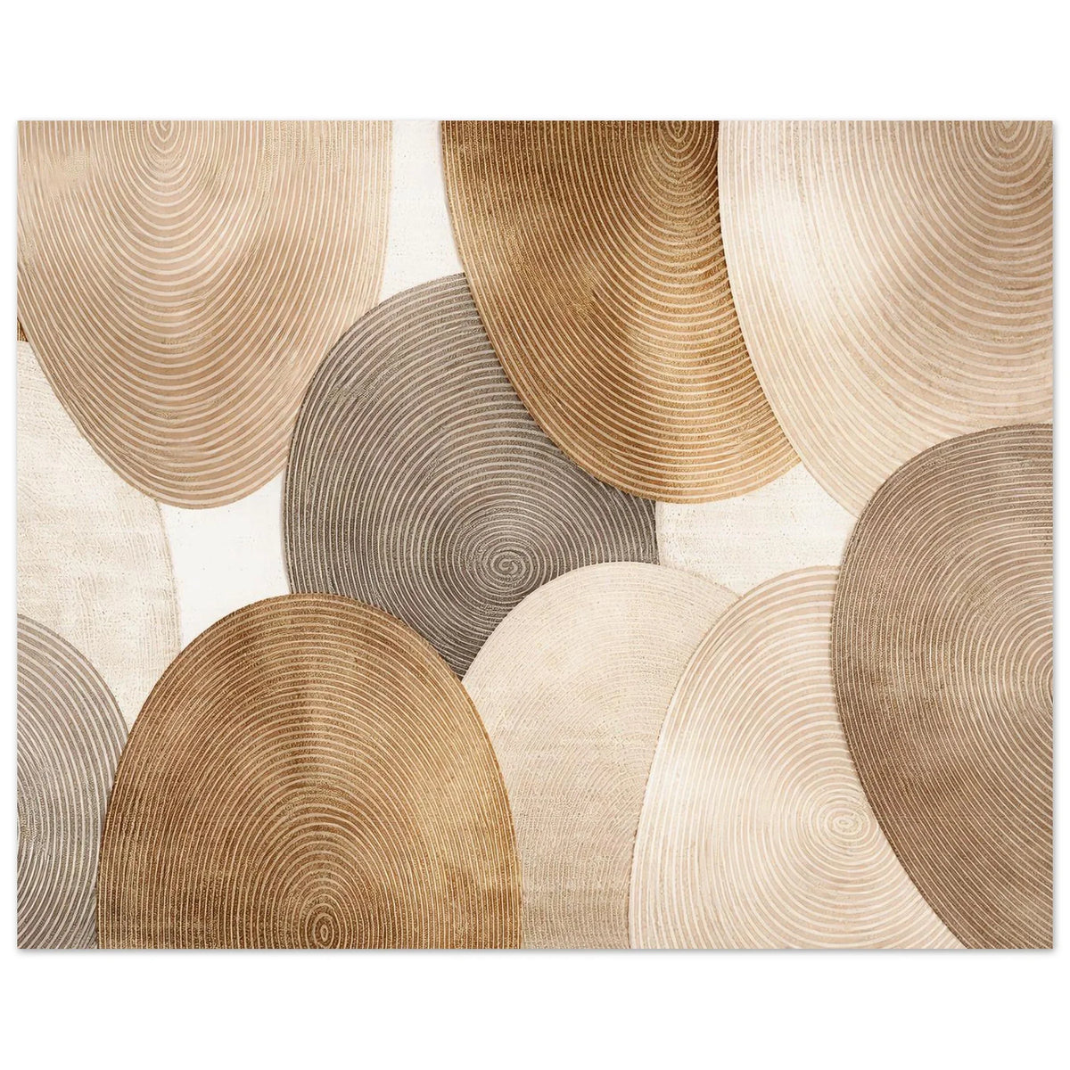 Overlapping oval shapes filled with fine concentric line patterns in warm neutrals