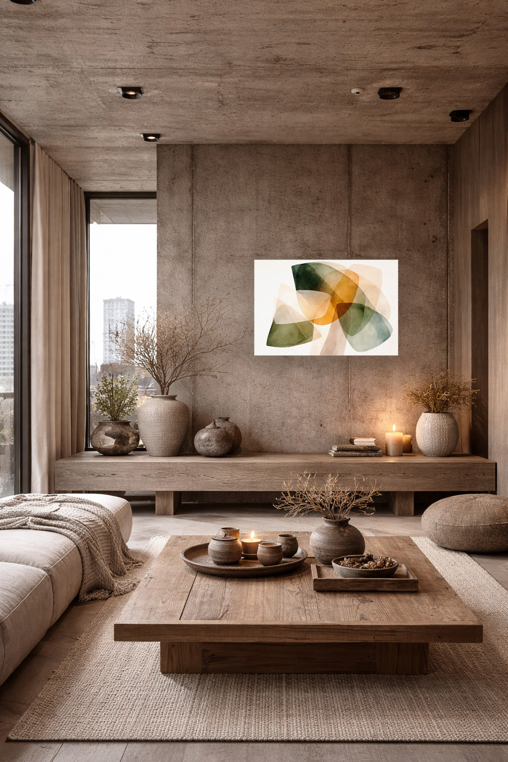 Modern concrete living room with earth tone abstract poster and minimalist neutral decor