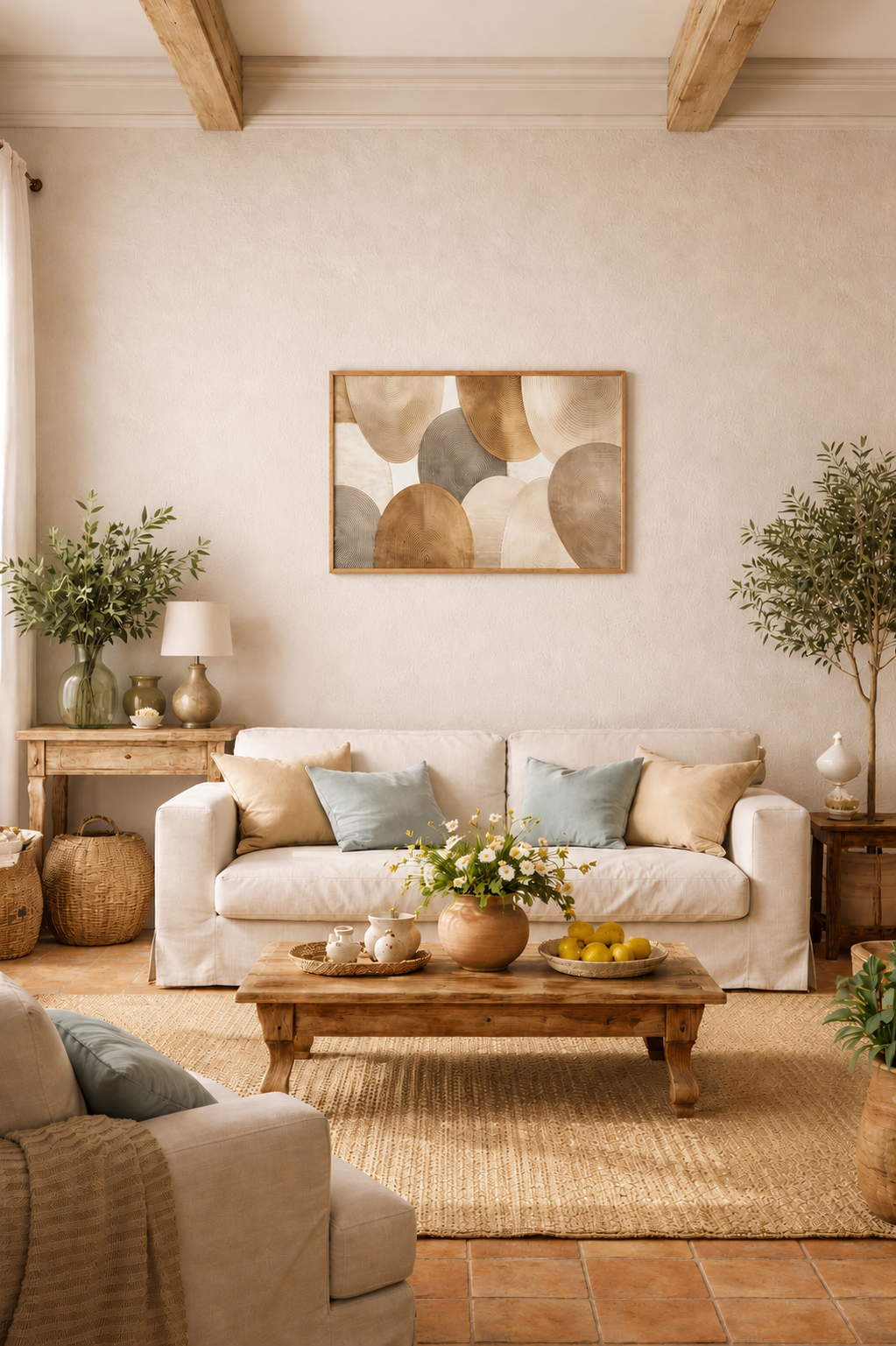Neutral abstract wall art canvas with earth tone circular shapes displayed above a beige sofa in a warm rustic living room interior mockup