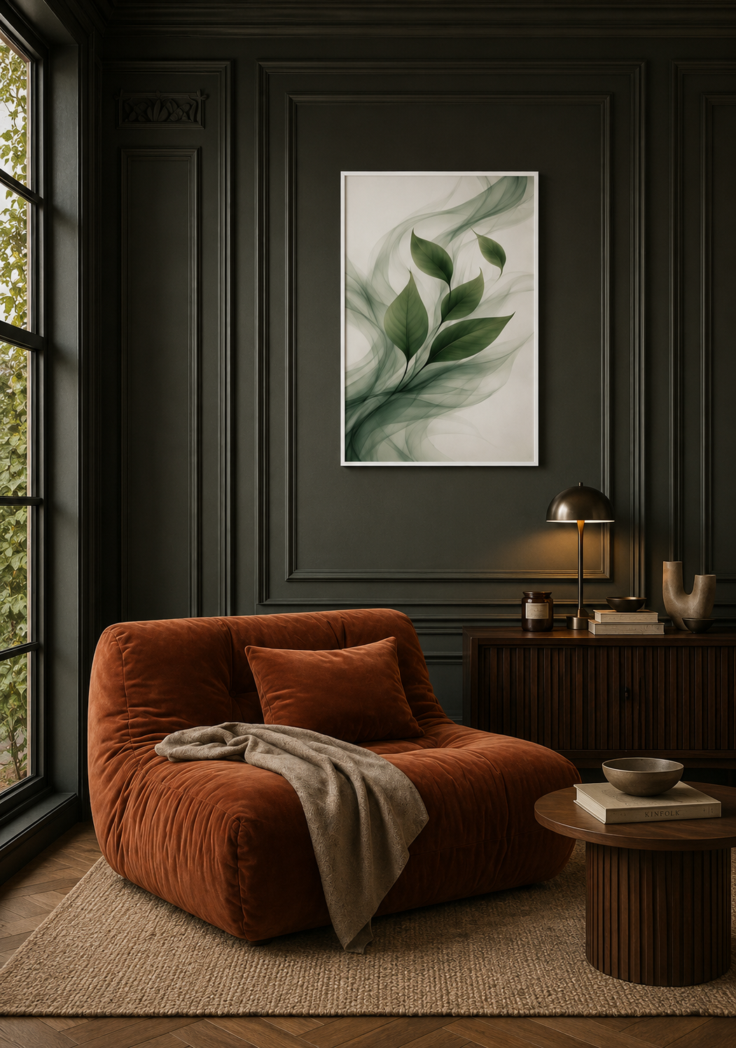 Botanical leaf wall art with white frame displayed in a moody contemporary lounge room with dark paneled walls and rust velvet chair