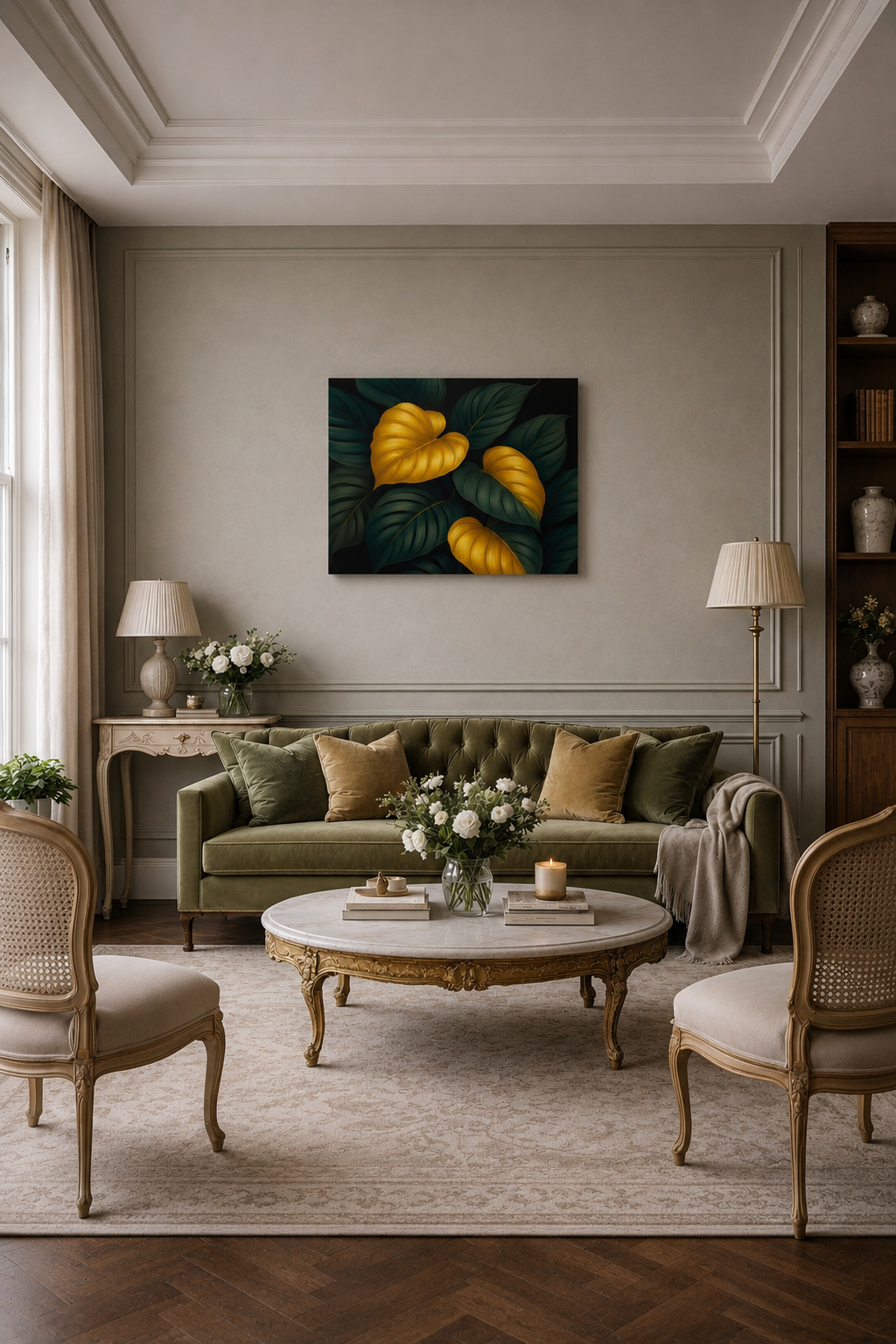 Elegant classic living room mockup featuring golden botanical wall art above a green velvet sofa.