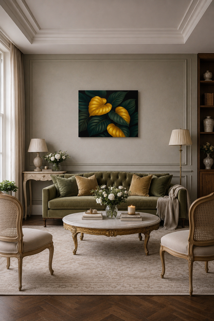 Lumina Leaves canvas above a green velvet sofa in a classic living room