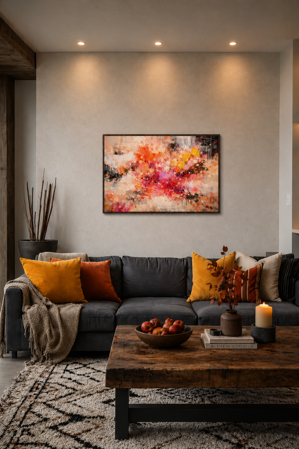 Warm abstract wall art poster with dark wood frame above rustic coffee table in cozy modern living room